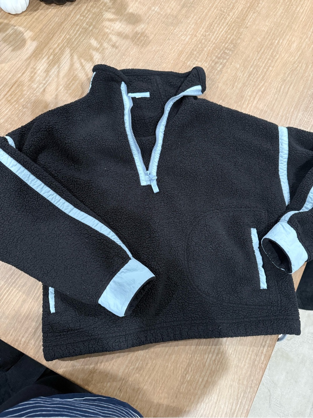 Women's Black Soft Teddy Fleece Jacket with Light Blue Trim